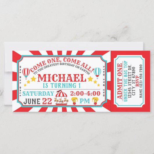 Circus Carnival Ticket Birthday Uitnodiging (Voorkant)