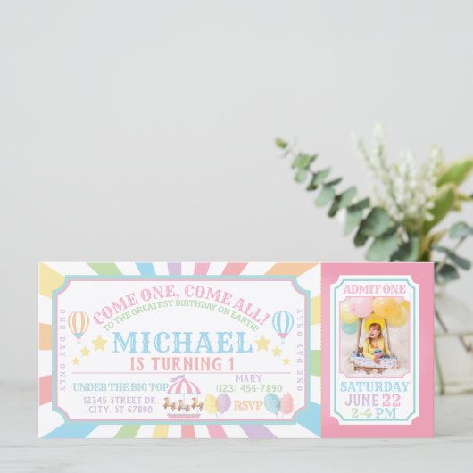 Circus Carnival Ticket Birthday Uitnodiging (Staand voorkant)