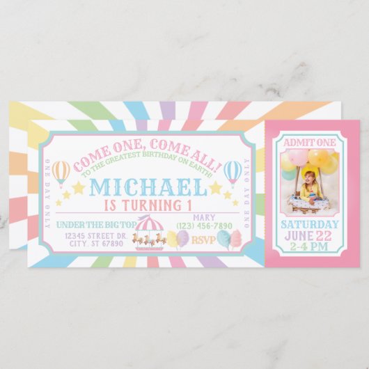 Circus Carnival Ticket Birthday Uitnodiging (Voorkant / Achterkant)