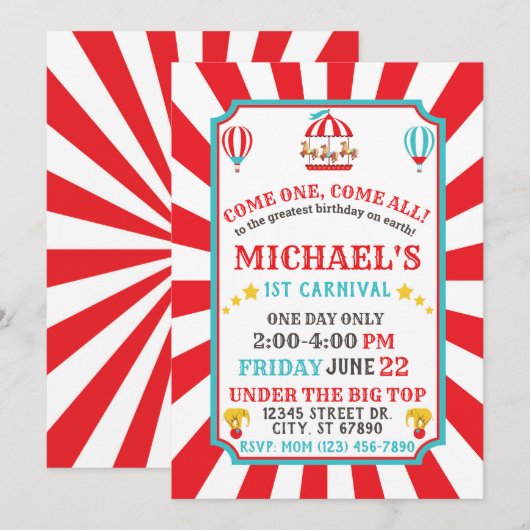 Circus Carnival Ticket Birthday Uitnodiging (Voorkant / Achterkant)