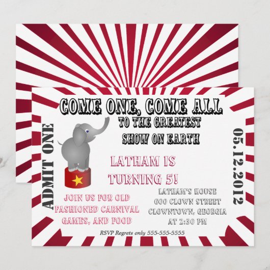 Circus/Carnival-uitnodiging Kaart (Voorkant / Achterkant)