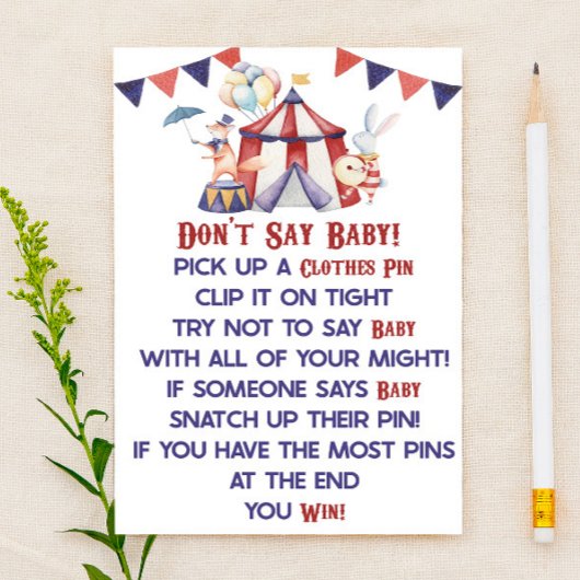 Circus Carnival zeg geen Baby! Baby shower game Briefpapier