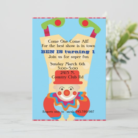 Circus Clow ondersteboven op verjaardaguitnodiging Kaart (Staand voorkant)