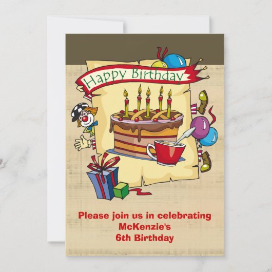 Circus Clown Birthday Party Invitations Kaart (Voorkant)