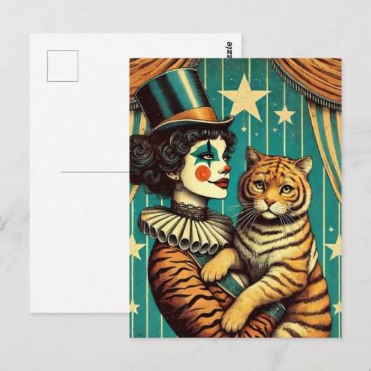 Circus Clown en een tijger Kat Briefkaart (Voorkant / Achterkant)