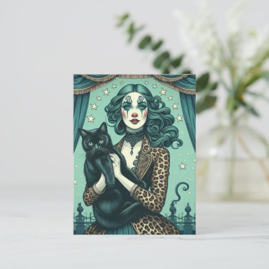 Circus Clown en een zwart Kat Briefkaart (Staand voorkant)