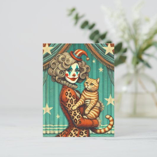 Circus Clown en haar Ginger Kat Briefkaart (Staand voorkant)