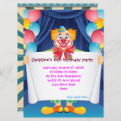 Circus Clown Kinder Party Invitation 6,5 inch x 8, Kaart (Voorkant / Achterkant)
