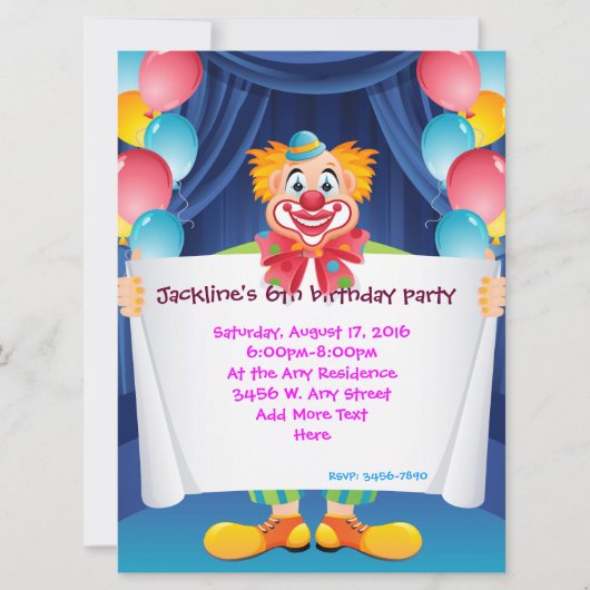 Circus Clown Kinder Party Invitation 6,5 inch x 8, Kaart (Voorkant)