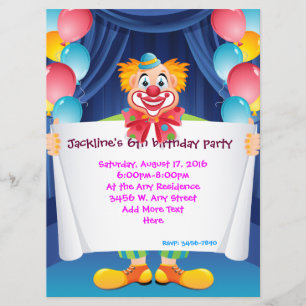 Circus Clown Kinder Party Invitation 6,5 inch x 8, Kaart