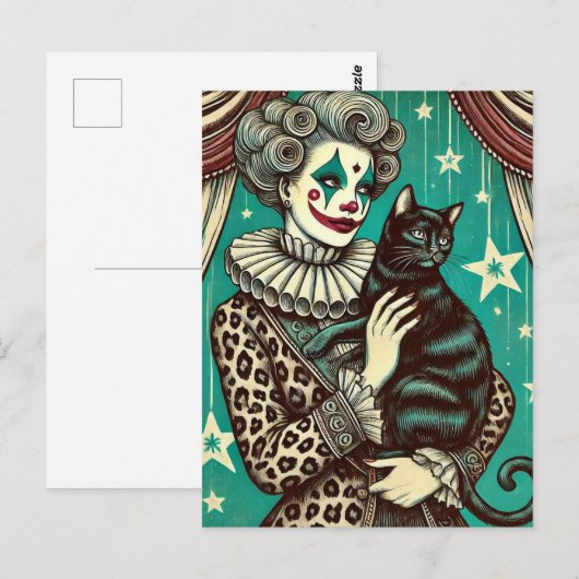 Circus Clown Vrouw en een zwarte kat Briefkaart (Voorkant / Achterkant)