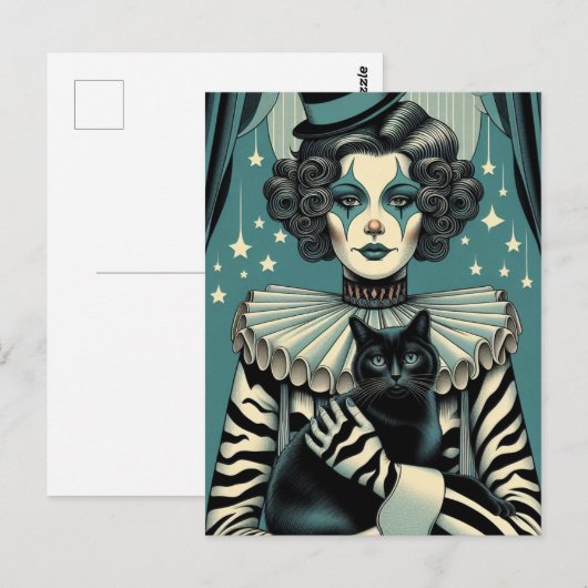 Circus Clown Vrouw en een zwarte kat Briefkaart (Voorkant / Achterkant)