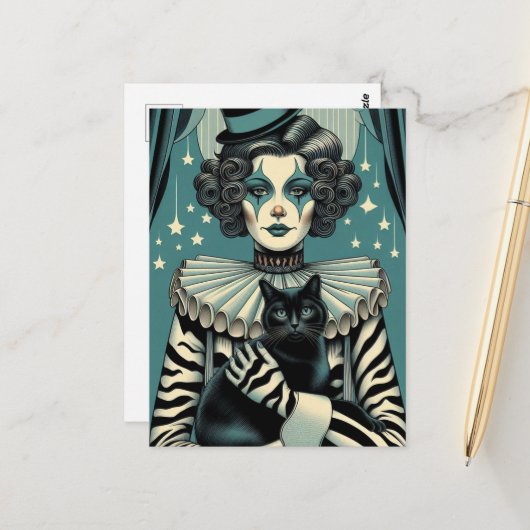 Circus Clown Vrouw en een zwarte kat Briefkaart (Voorkant / Achterkant in situ)