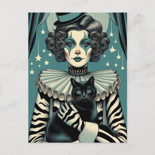 Circus Clown Vrouw en een zwarte kat Briefkaart (Voorkant)