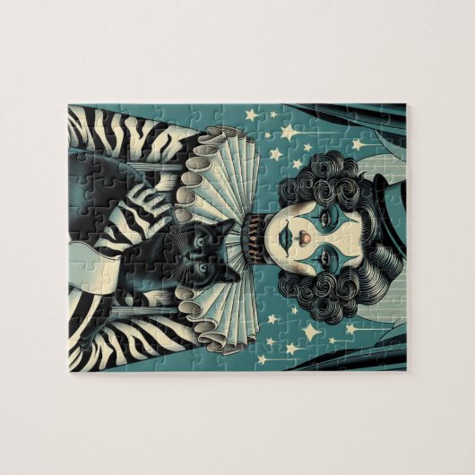 Circus Clown Vrouw en een zwarte kat Legpuzzel (Horizontaal)