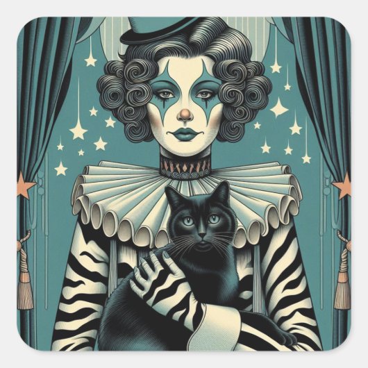 Circus Clown Vrouw en een zwarte kat Vierkante Sticker (Voorkant)