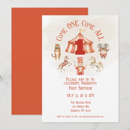 Circus Dier Eerste Verjaardag Uitnodiging (Voorkant / Achterkant)