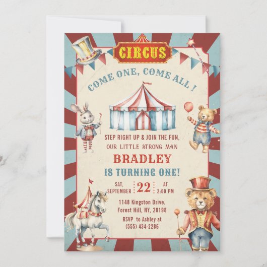 Circus Dieren Carnaval 1e Verjaardag Uitnodiging (Voorkant)