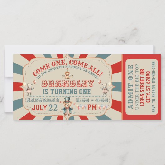 Circus Dieren Carnaval Ticket Verjaardag Uitnodigi (Voorkant)