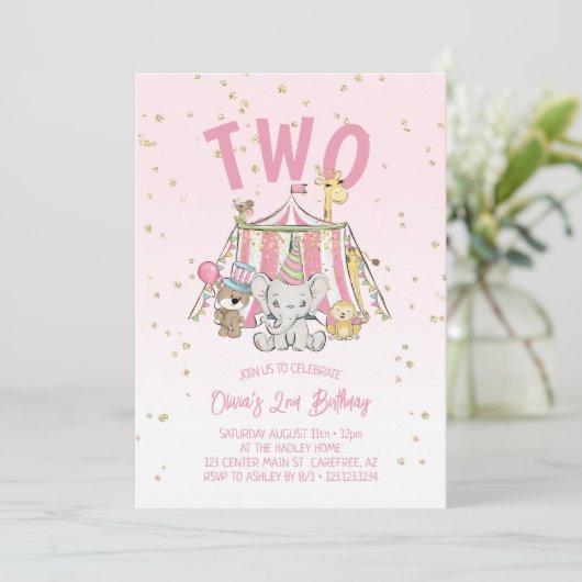 Circus Dieren Roze 2e Verjaardag Kaart (Staand voorkant)