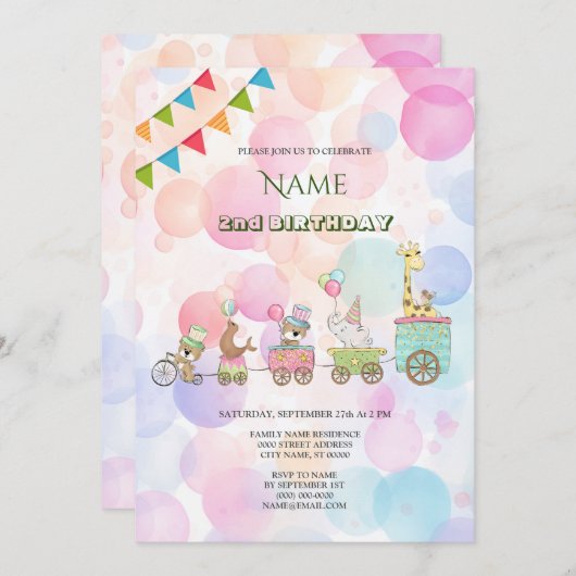 Circus Dieren Verjaardagsfeest Uitnodiging (Voorkant / Achterkant)