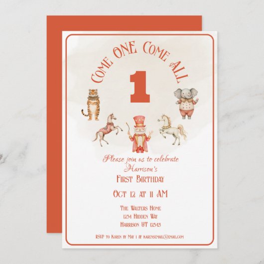 Circus Eerste Verjaardagsuitnodiging Kaart (Voorkant / Achterkant)