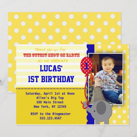 Circus Elephant Big Top Birthday Invitation Boy Kaart (Voorkant / Achterkant)