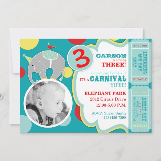 Circus Elephant Birthday Invitation Card A7 Kaart (Voorkant)