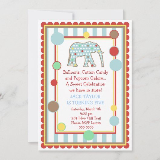Circus Elephant Birthday Invitation Kaart (Voorkant)