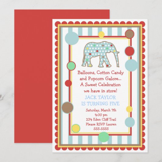 Circus Elephant Birthday Invitation Kaart (Voorkant / Achterkant)