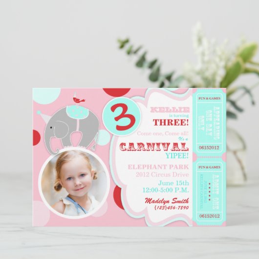 Circus Elephant Birthday Invitation Kaart (Staand voorkant)