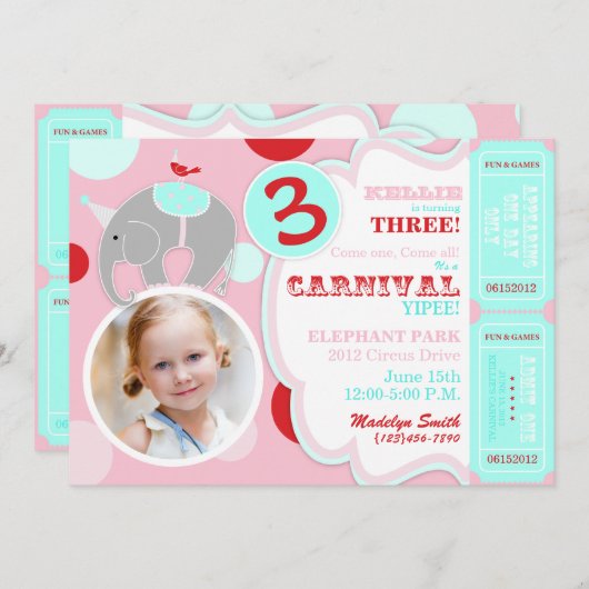 Circus Elephant Birthday Invitation Kaart (Voorkant / Achterkant)