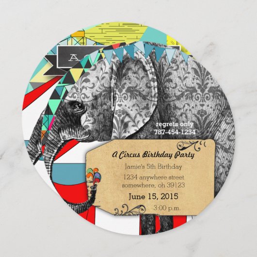 Circus Elephant Birthday Party Invitation Bunting Kaart (Voorkant / Achterkant)