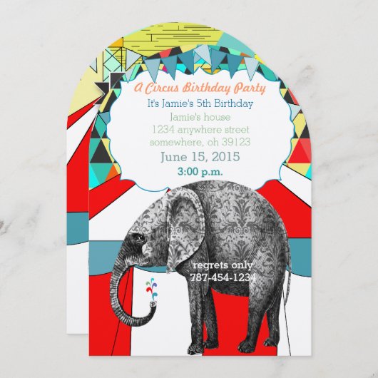 Circus Elephant Birthday Party Invitation Bunting Kaart (Voorkant / Achterkant)
