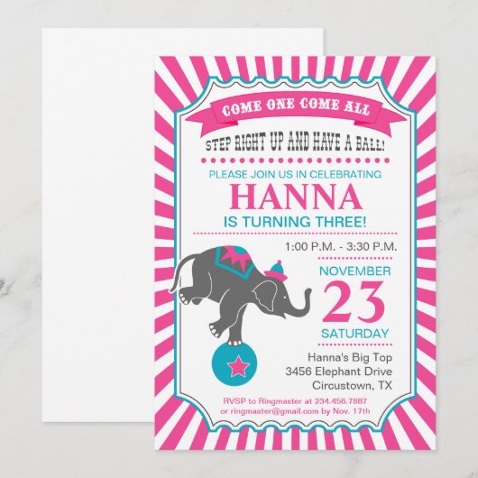 Circus Elephant Birthday Party Kaart (Voorkant / Achterkant)