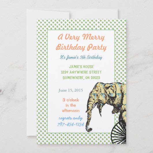 Circus Elephant Birthday Party nodigt groene Stipp Kaart (Voorkant)