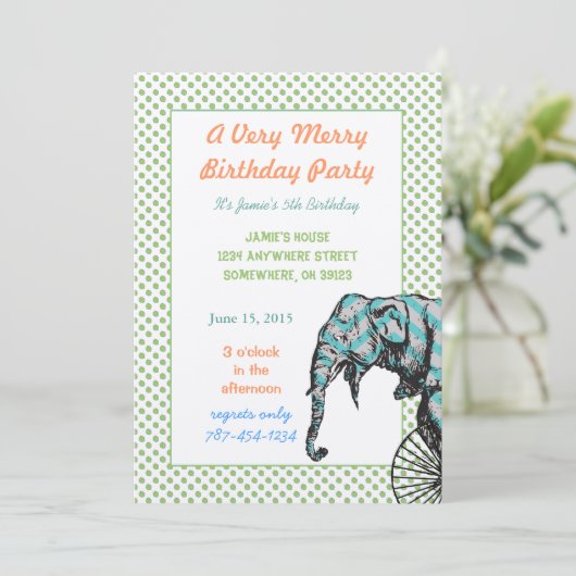 Circus Elephant Birthday Party nodigt groene Stipp Kaart (Staand voorkant)