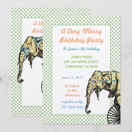 Circus Elephant Birthday Party nodigt groene Stipp Kaart (Voorkant / Achterkant)