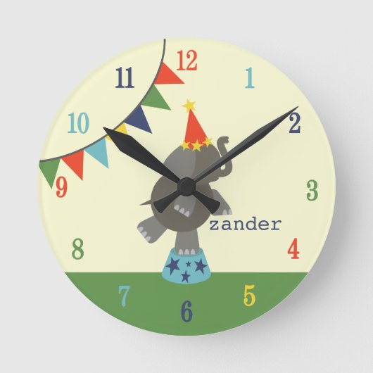 Circus Elephant & Flags Clock (blauw / Oranje) Ronde Klok (Voorkant)
