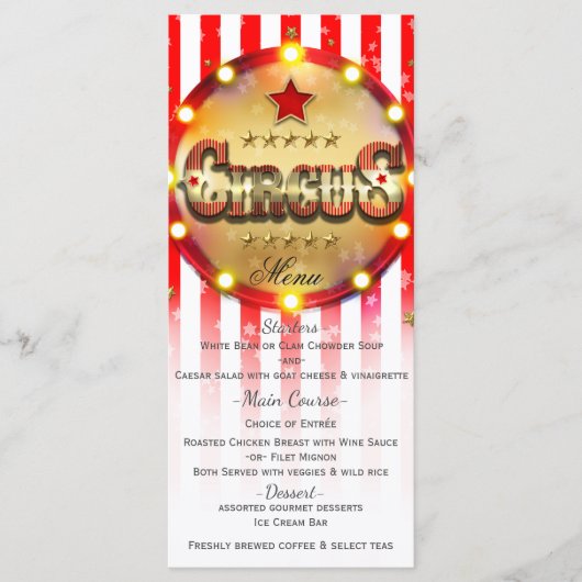 Circus Feest Event Rode Witte Gouden Gestreepte Me Menu (Voorkant)