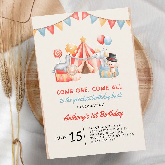 Circus Fiesta Eerste Verjaardag Modern Cute Kaart