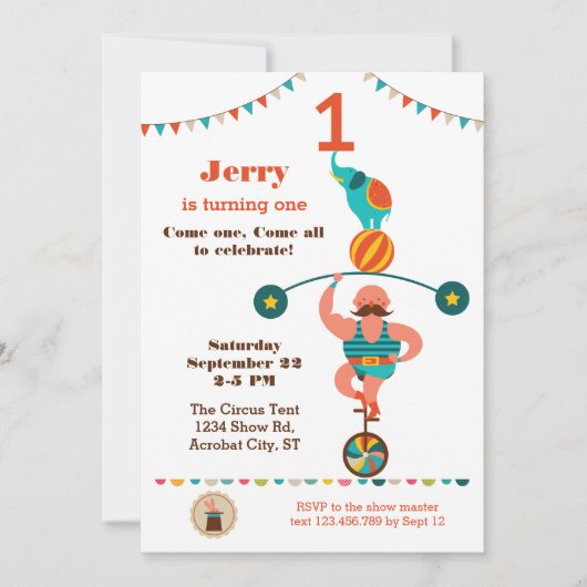 Circus First Birthday Invitation Kaart (Voorkant)