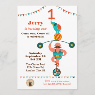Circus First Birthday Invitation Kaart