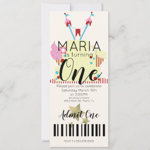 Circus First Birthday Ticket Party Folie Star Invi Kaart