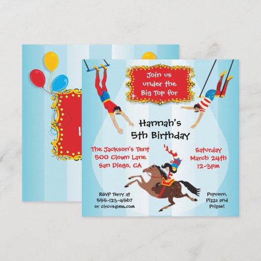 Circus Flying Trapeze Birthday Party Invitation Kaart (Voorkant / Achterkant)