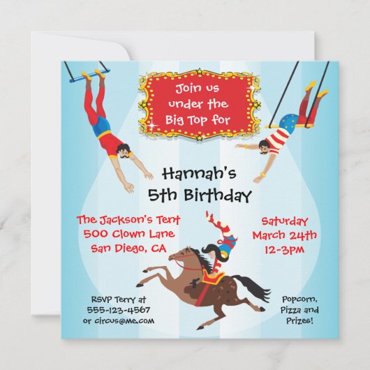 Circus Flying Trapeze Birthday Party Invitation Kaart (Voorkant)