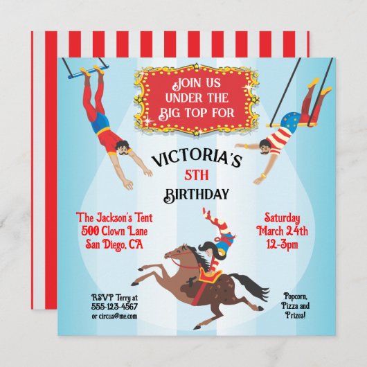 Circus Flying Trapeze Birthday Party Invitation Kaart (Voorkant / Achterkant)