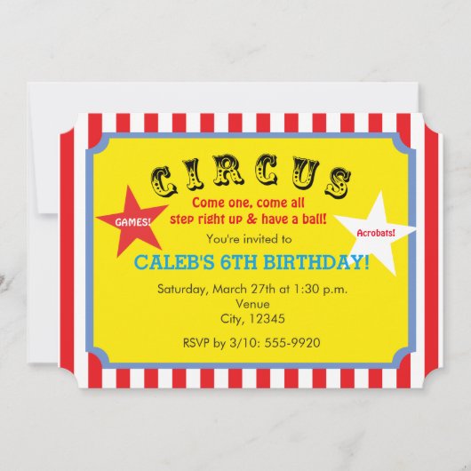 Circus gestreepte verjaardagsfeesticket uitnodigin kaart (Voorkant)