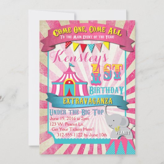 Circus Invitation Pink en Turquoise Kaart (Voorkant)