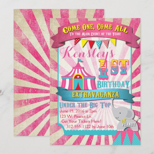 Circus Invitation Pink en Turquoise Kaart (Voorkant / Achterkant)